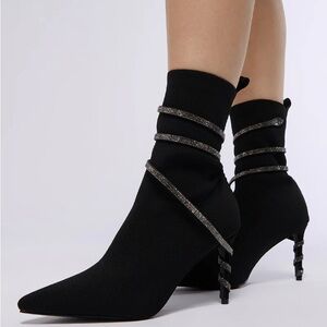 Azalea Wang Black Knit Bootie With Silver Rhinestone Coil